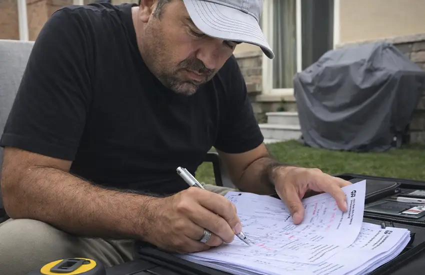 Professional landscaping contractor conducting a free estimate and site assessment at a residential property